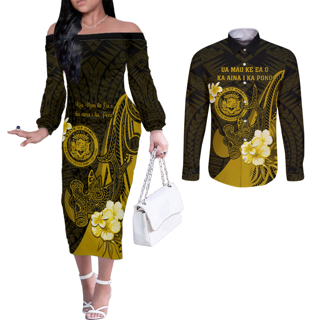 Personalised Hawaii State Motto Couples Matching Off The Shoulder Long Sleeve Dress and Long Sleeve Button Shirt Hawaiian Tribal Gold Hammerhead Shark LT05 Gold - Polynesian Pride
