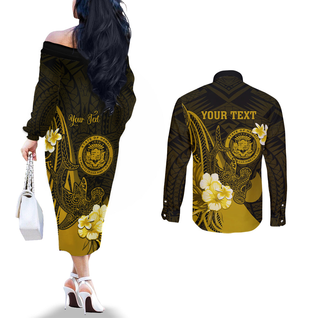 Personalised Hawaii State Motto Couples Matching Off The Shoulder Long Sleeve Dress and Long Sleeve Button Shirt Hawaiian Tribal Gold Hammerhead Shark LT05 - Polynesian Pride