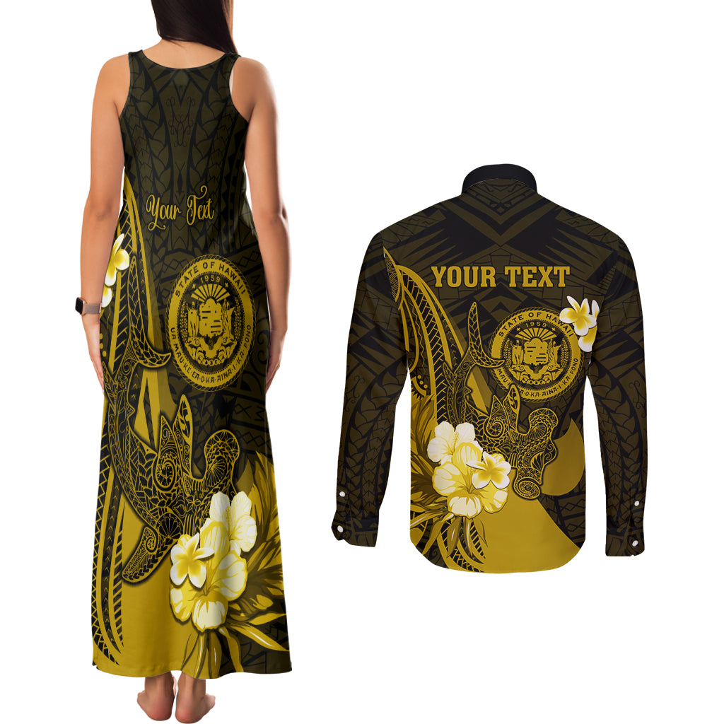Personalised Hawaii State Motto Couples Matching Tank Maxi Dress and Long Sleeve Button Shirt Hawaiian Tribal Gold Hammerhead Shark LT05 - Polynesian Pride