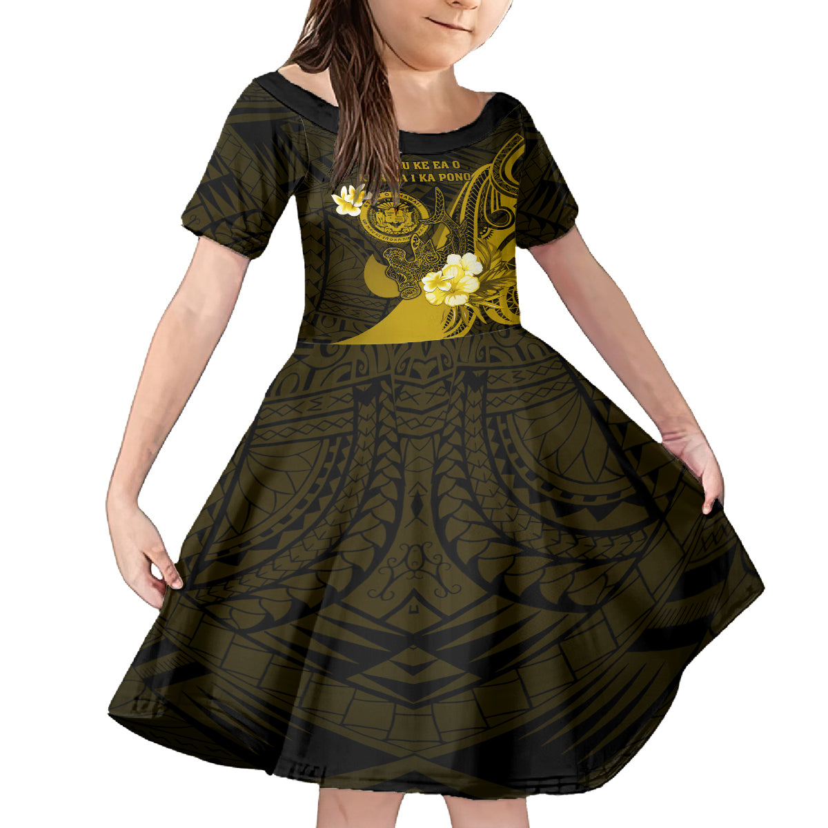 Personalised Hawaii State Motto Family Matching Puletasi and Hawaiian Shirt Hawaiian Tribal Gold Hammerhead Shark LT05 Daughter's Dress Gold - Polynesian Pride