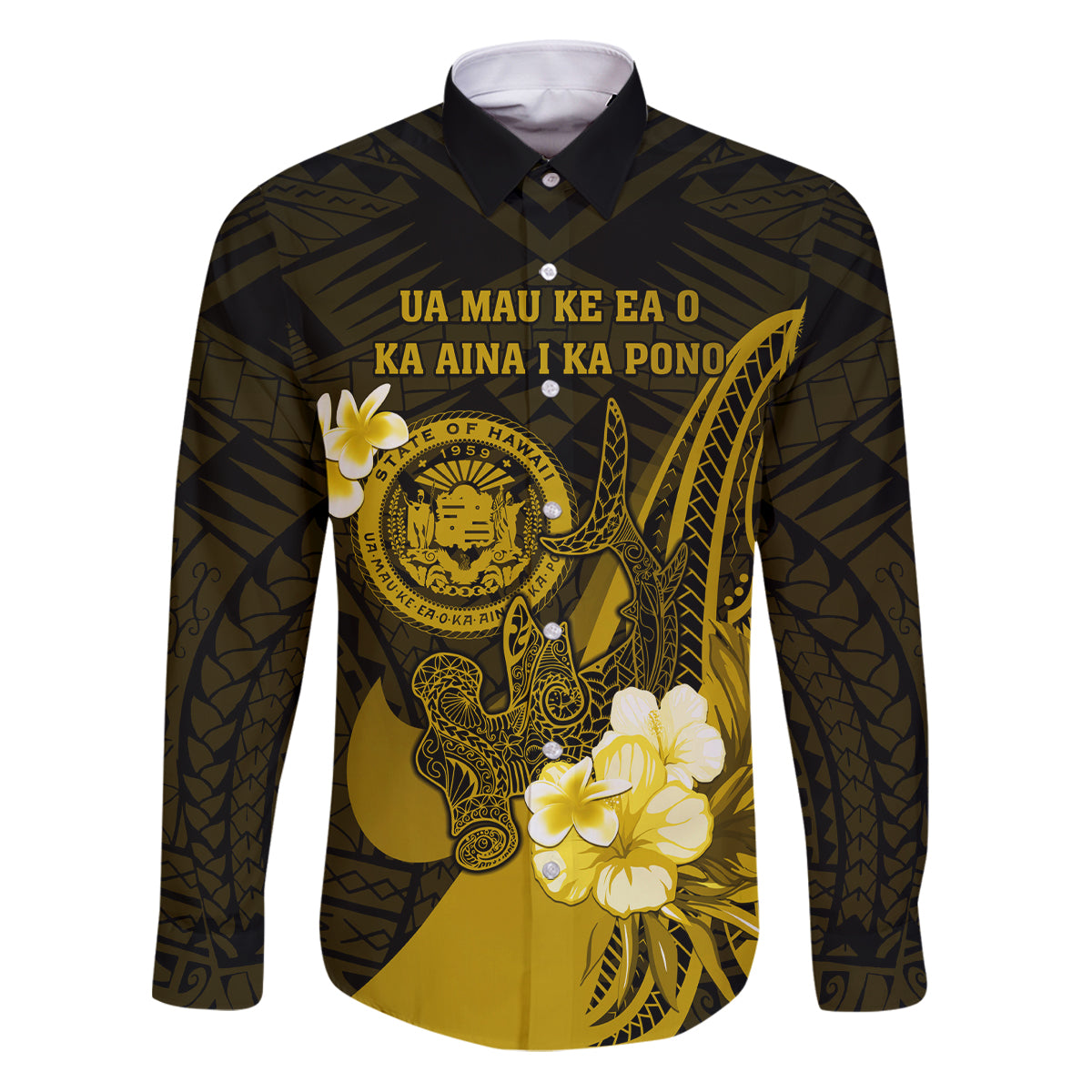Personalised Hawaii State Motto Family Matching Puletasi and Hawaiian Shirt Hawaiian Tribal Gold Hammerhead Shark LT05 Dad's Shirt - Long Sleeve Gold - Polynesian Pride
