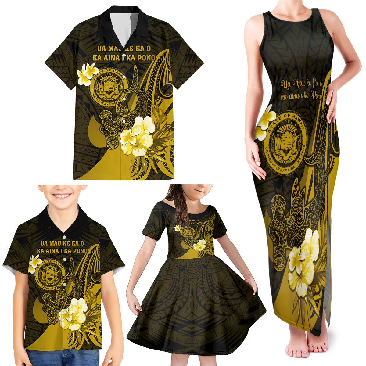 Personalised Hawaii State Motto Family Matching Tank Maxi Dress and Hawaiian Shirt Hawaiian Tribal Gold Hammerhead Shark LT05 - Polynesian Pride