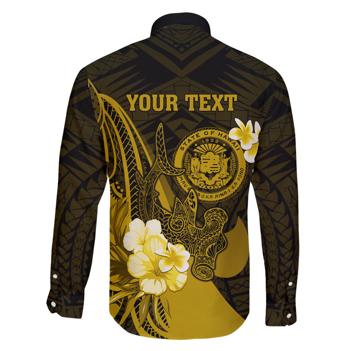 Personalised Hawaii State Motto Family Matching Tank Maxi Dress and Hawaiian Shirt Hawaiian Tribal Gold Hammerhead Shark LT05 - Polynesian Pride