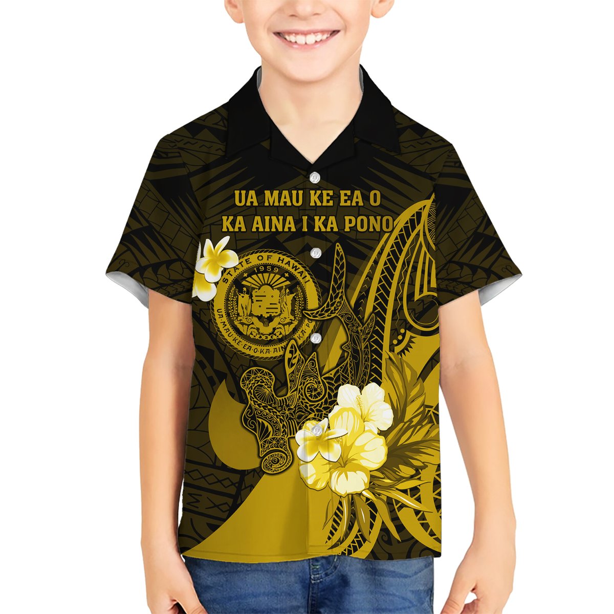Personalised Hawaii State Motto Hawaiian Shirt Hawaiian Tribal Gold Hammerhead Shark LT05 - Polynesian Pride