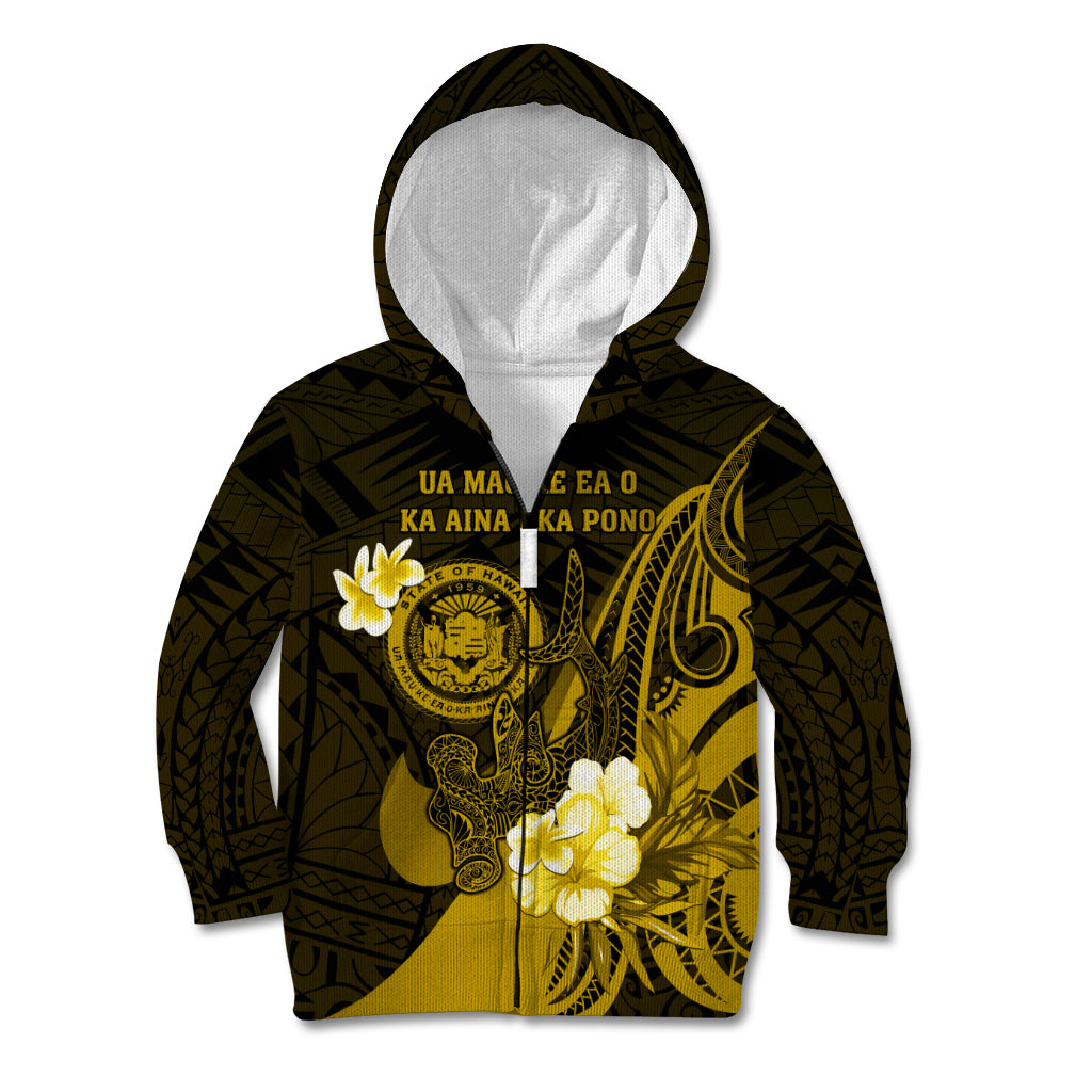 Personalised Hawaii State Motto Kid Hoodie Hawaiian Tribal Gold Hammerhead Shark LT05 Zip Hoodie Gold - Polynesian Pride