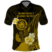 Personalised Hawaii State Motto Polo Shirt Hawaiian Tribal Gold Hammerhead Shark LT05 Gold - Polynesian Pride