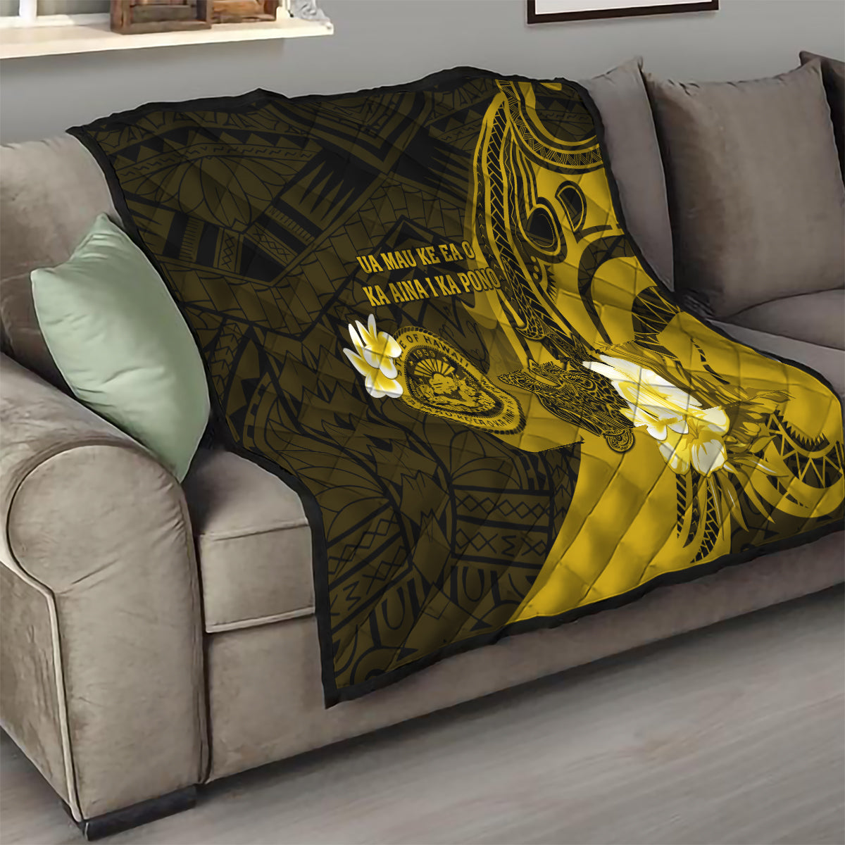 Hawaii State Motto Quilt Hawaiian Tribal Gold Hammerhead Shark LT05 - Polynesian Pride