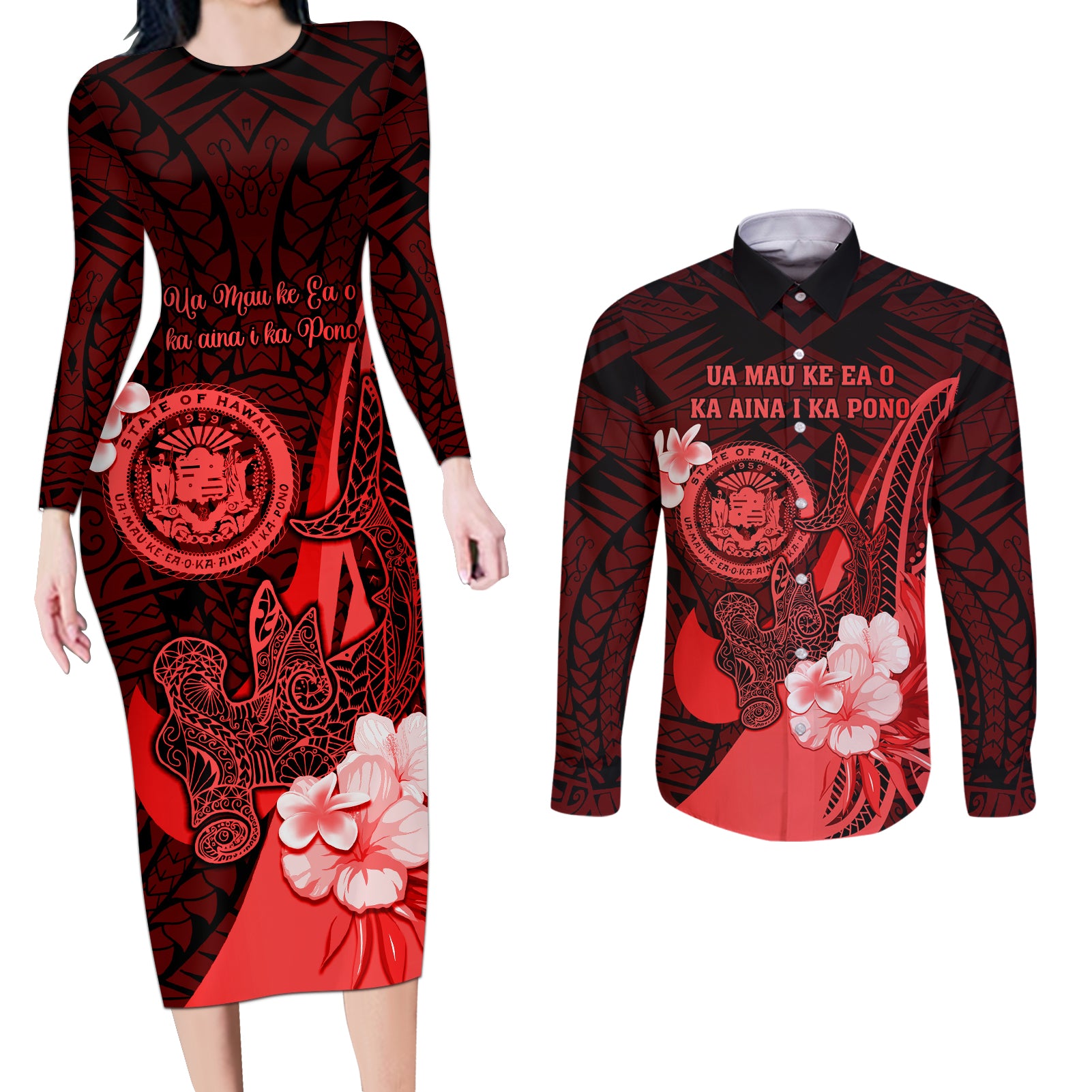 Personalised Hawaii State Motto Couples Matching Long Sleeve Bodycon Dress and Long Sleeve Button Shirt Hawaiian Tribal Red Hammerhead Shark LT05 Red - Polynesian Pride