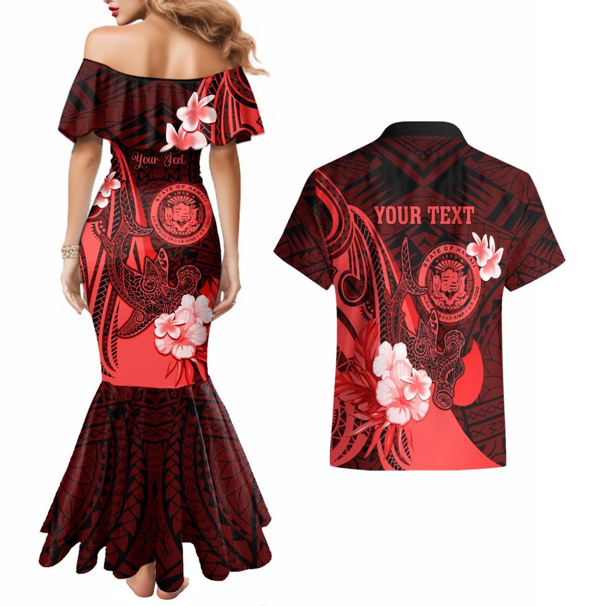 Personalised Hawaii State Motto Couples Matching Mermaid Dress and Hawaiian Shirt Hawaiian Tribal Red Hammerhead Shark LT05 - Polynesian Pride
