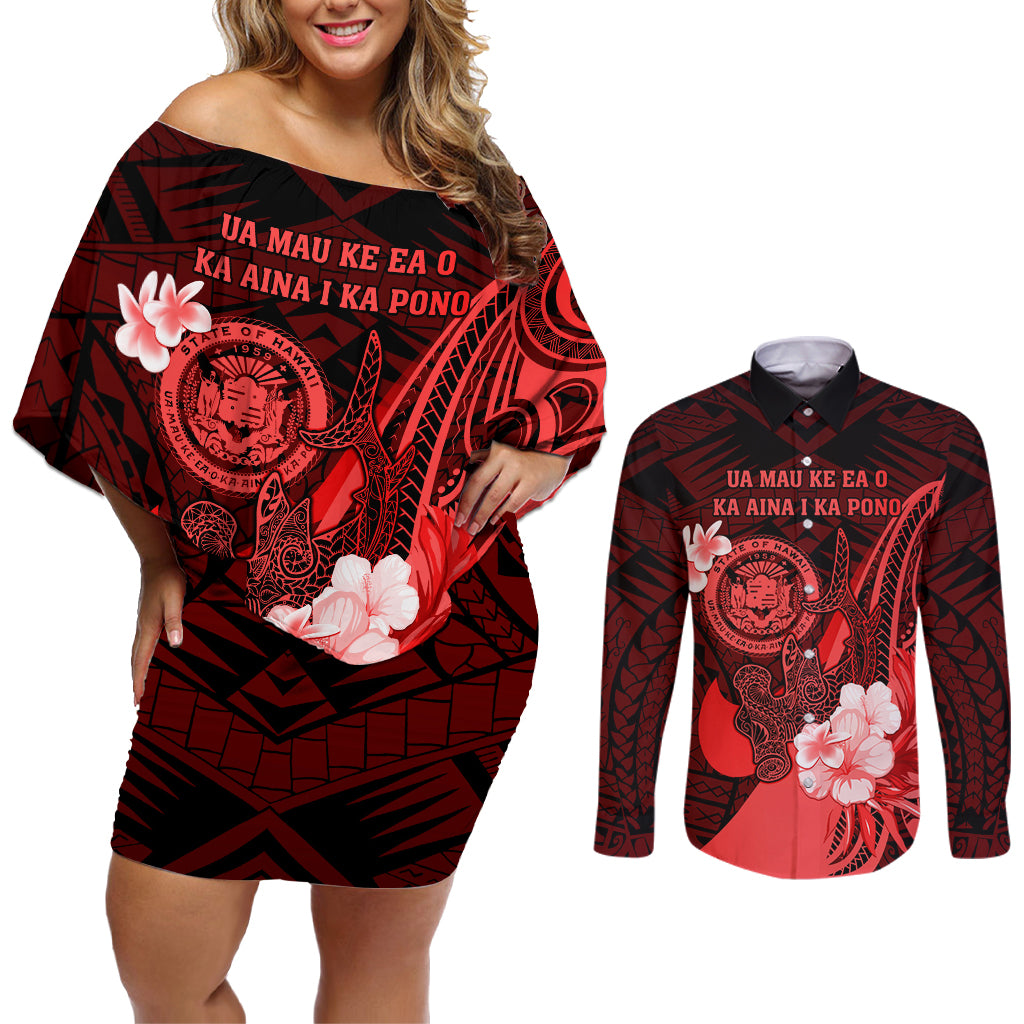 Personalised Hawaii State Motto Couples Matching Off Shoulder Short Dress and Long Sleeve Button Shirt Hawaiian Tribal Red Hammerhead Shark LT05 Red - Polynesian Pride