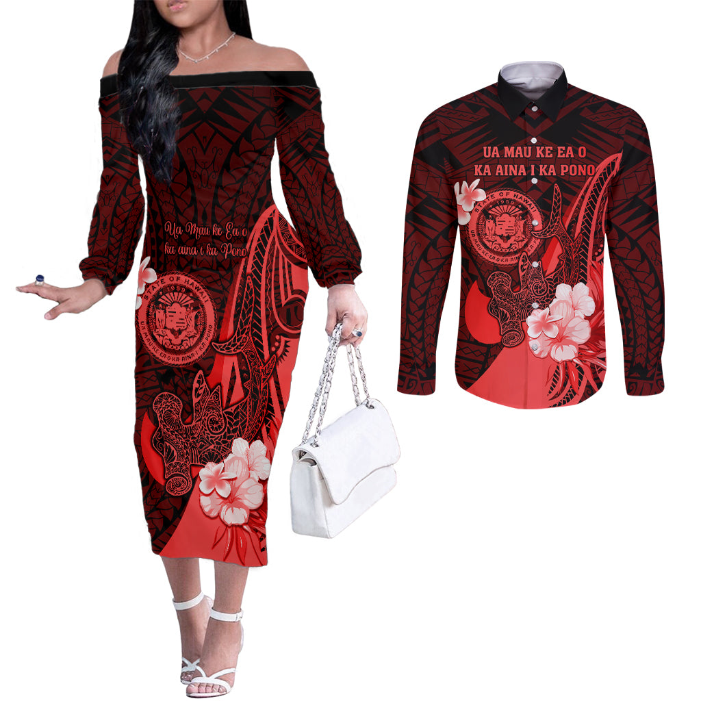 Personalised Hawaii State Motto Couples Matching Off The Shoulder Long Sleeve Dress and Long Sleeve Button Shirt Hawaiian Tribal Red Hammerhead Shark LT05 Red - Polynesian Pride