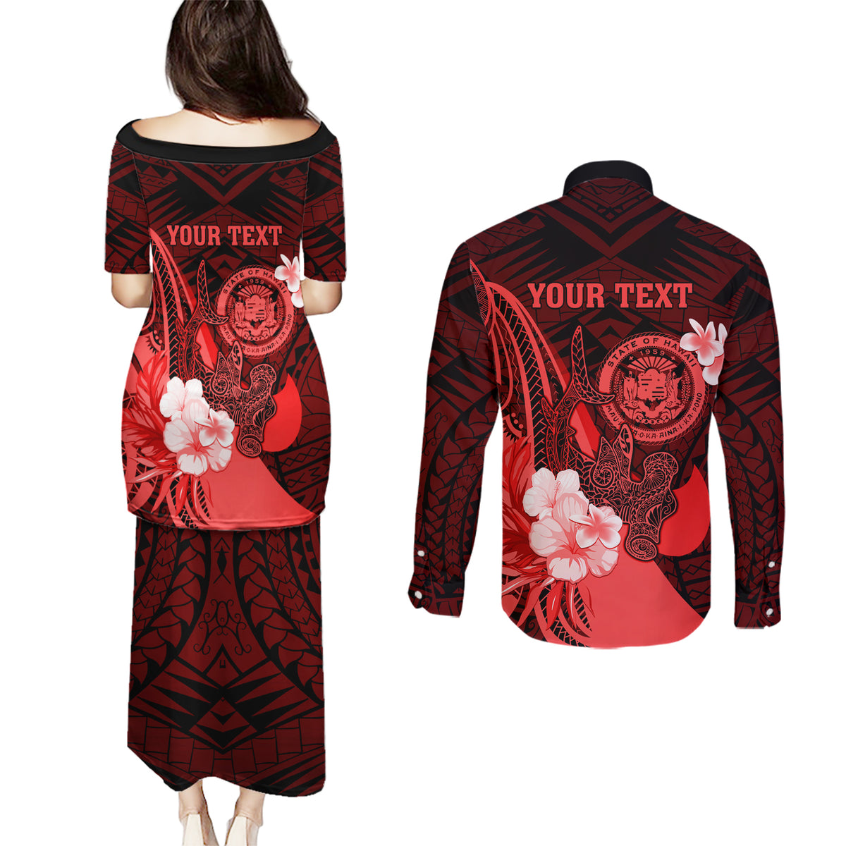 Personalised Hawaii State Motto Couples Matching Puletasi and Long Sleeve Button Shirt Hawaiian Tribal Red Hammerhead Shark LT05 - Polynesian Pride