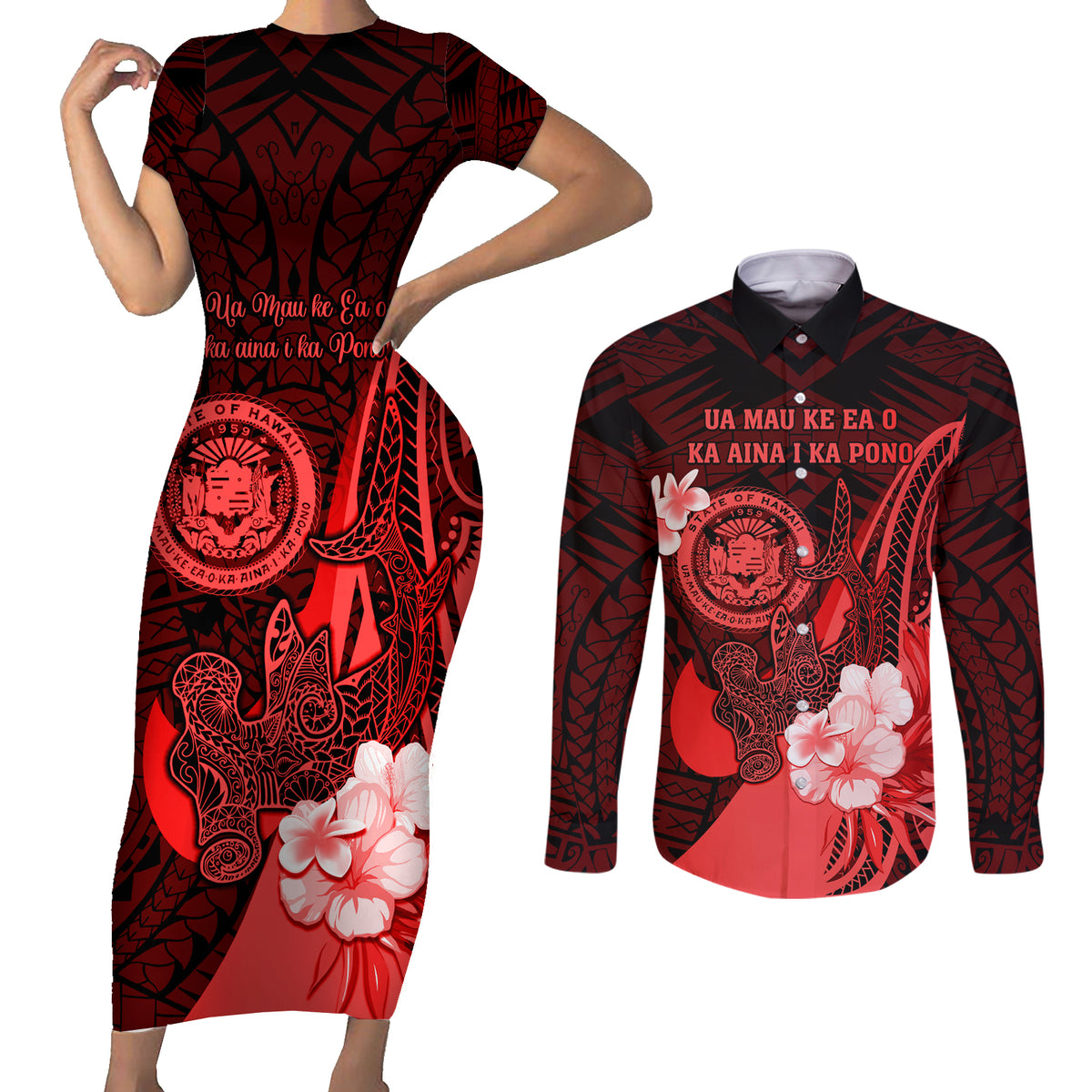 Personalised Hawaii State Motto Couples Matching Short Sleeve Bodycon Dress and Long Sleeve Button Shirt Hawaiian Tribal Red Hammerhead Shark LT05 Red - Polynesian Pride