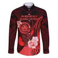 Personalised Hawaii State Motto Family Matching Mermaid Dress and Hawaiian Shirt Hawaiian Tribal Red Hammerhead Shark LT05 Dad's Shirt - Long Sleeve Red - Polynesian Pride