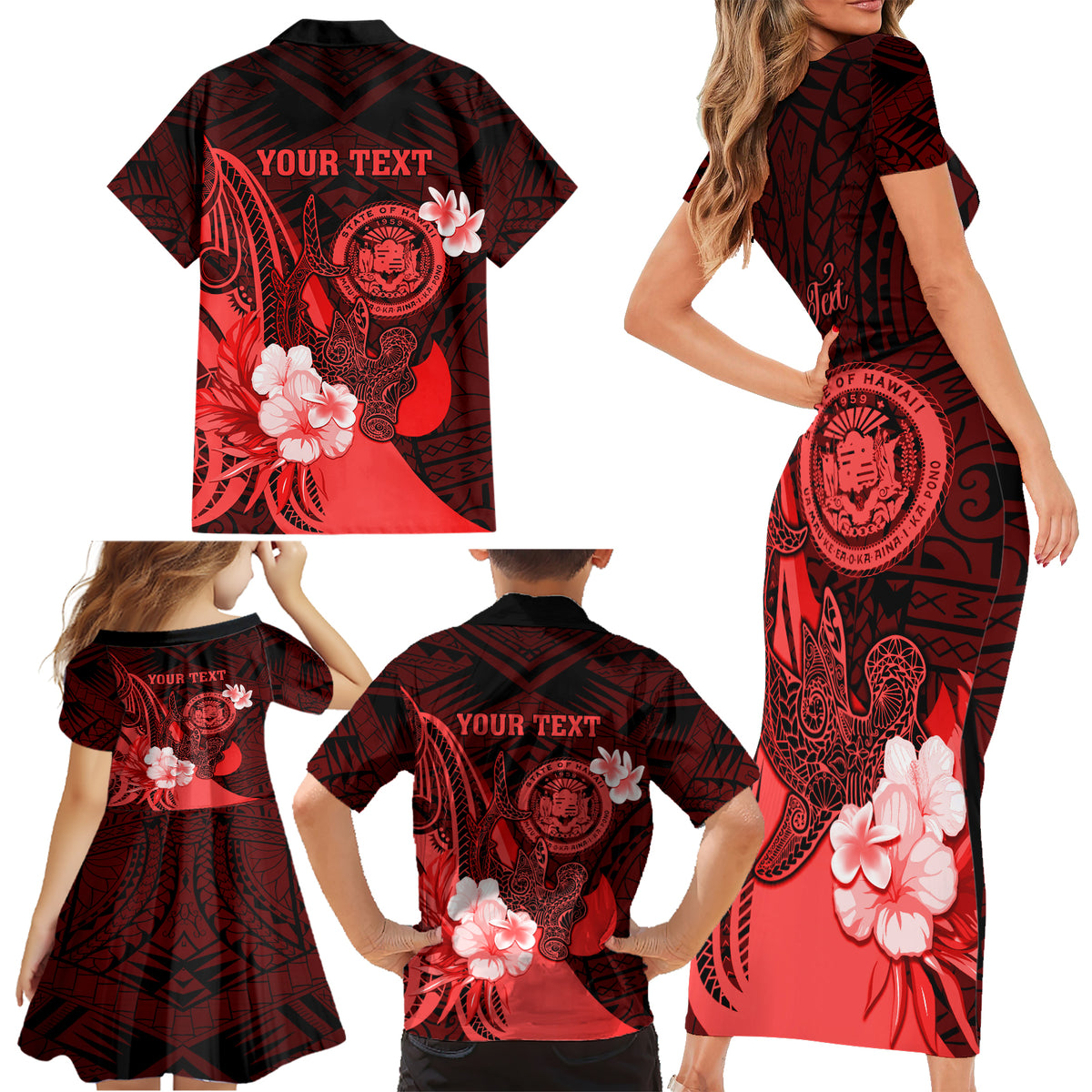 Personalised Hawaii State Motto Family Matching Short Sleeve Bodycon Dress and Hawaiian Shirt Hawaiian Tribal Red Hammerhead Shark LT05 - Polynesian Pride