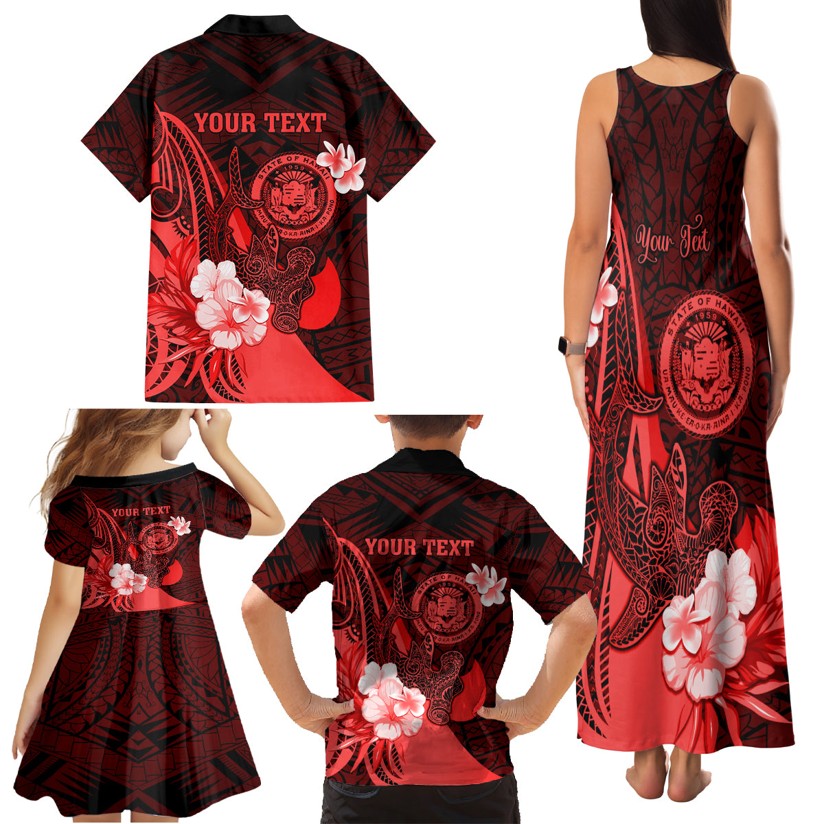Personalised Hawaii State Motto Family Matching Tank Maxi Dress and Hawaiian Shirt Hawaiian Tribal Red Hammerhead Shark LT05 - Polynesian Pride