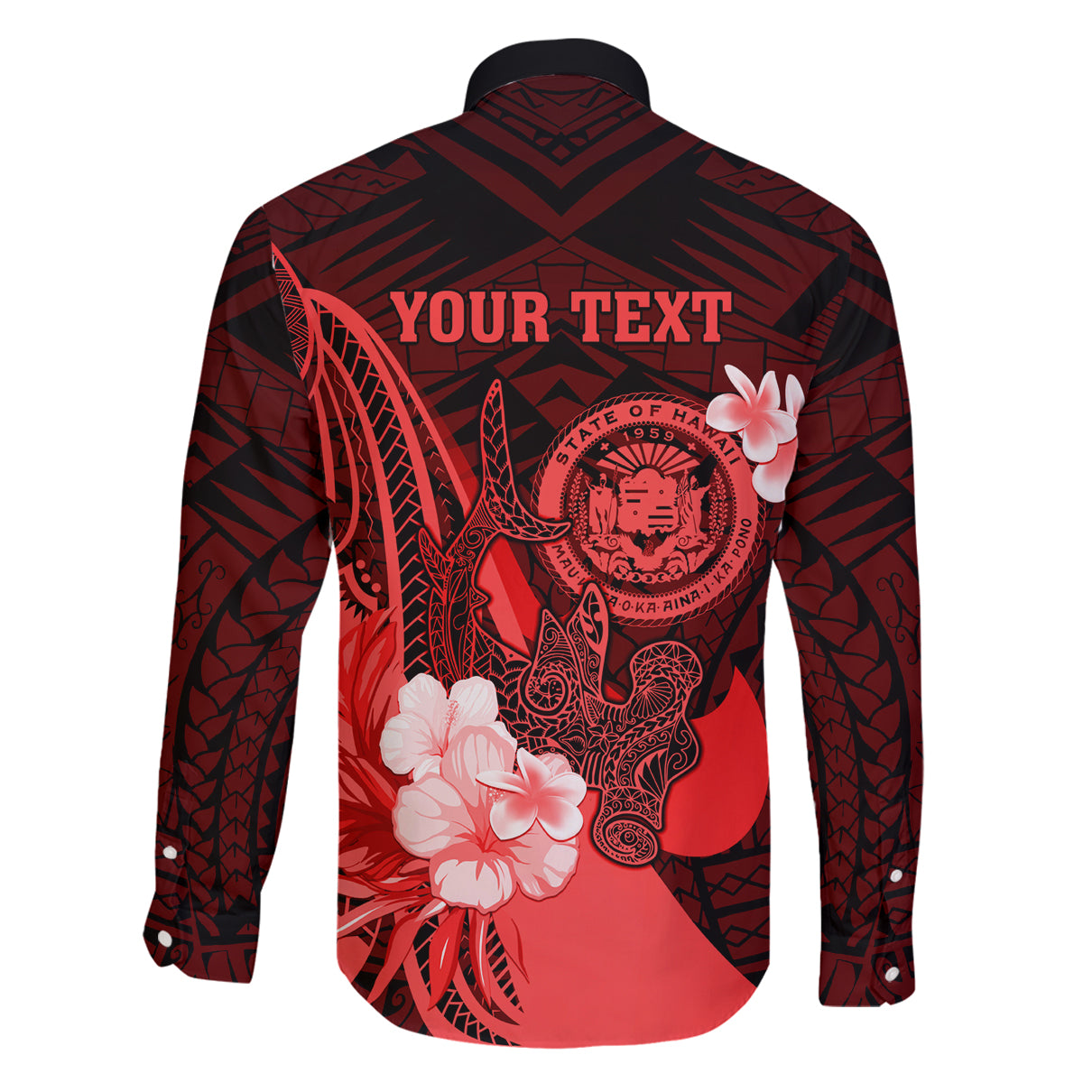 Personalised Hawaii State Motto Family Matching Tank Maxi Dress and Hawaiian Shirt Hawaiian Tribal Red Hammerhead Shark LT05 - Polynesian Pride