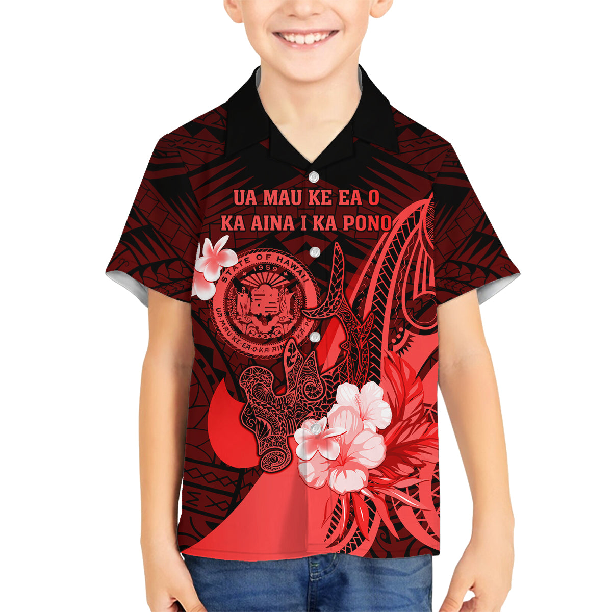 Personalised Hawaii State Motto Family Matching Tank Maxi Dress and Hawaiian Shirt Hawaiian Tribal Red Hammerhead Shark LT05 Son's Shirt Red - Polynesian Pride
