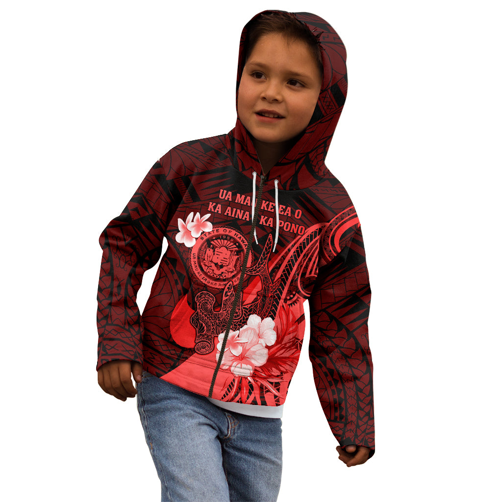 Personalised Hawaii State Motto Kid Hoodie Hawaiian Tribal Red Hammerhead Shark LT05 - Polynesian Pride