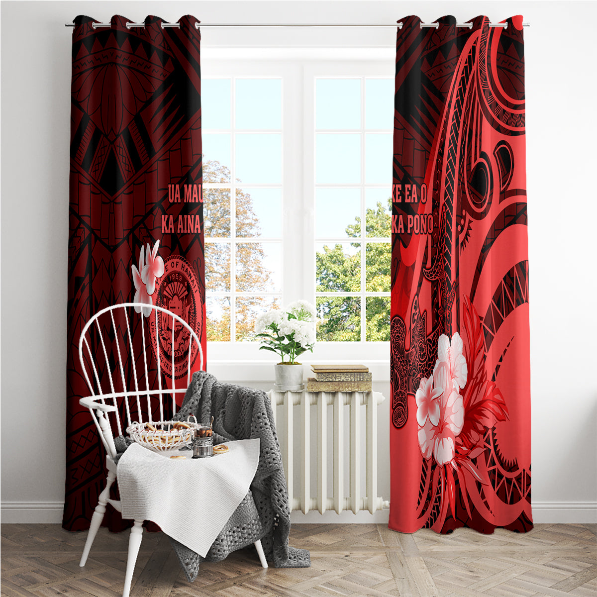 Hawaii State Motto Window Curtain Hawaiian Tribal Red Hammerhead Shark LT05 - Polynesian Pride