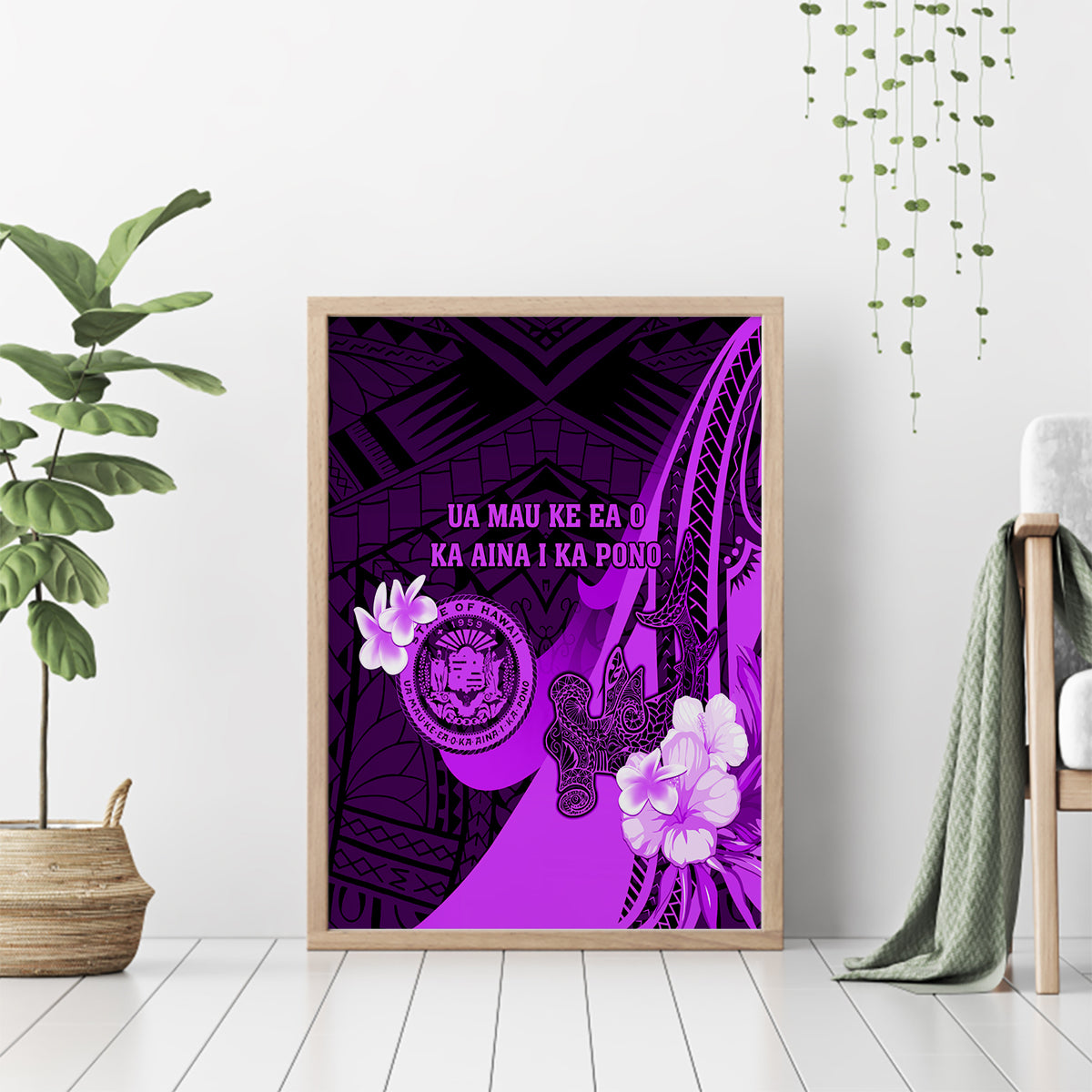 Hawaii State Motto Canvas Wall Art Hawaiian Tribal Purple Hammerhead Shark LT05 - Polynesian Pride