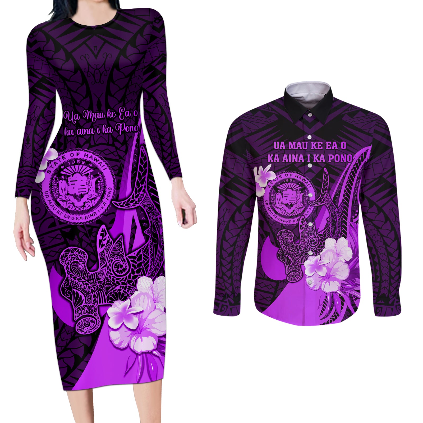 Personalised Hawaii State Motto Couples Matching Long Sleeve Bodycon Dress and Long Sleeve Button Shirt Hawaiian Tribal Purple Hammerhead Shark LT05 Purple - Polynesian Pride