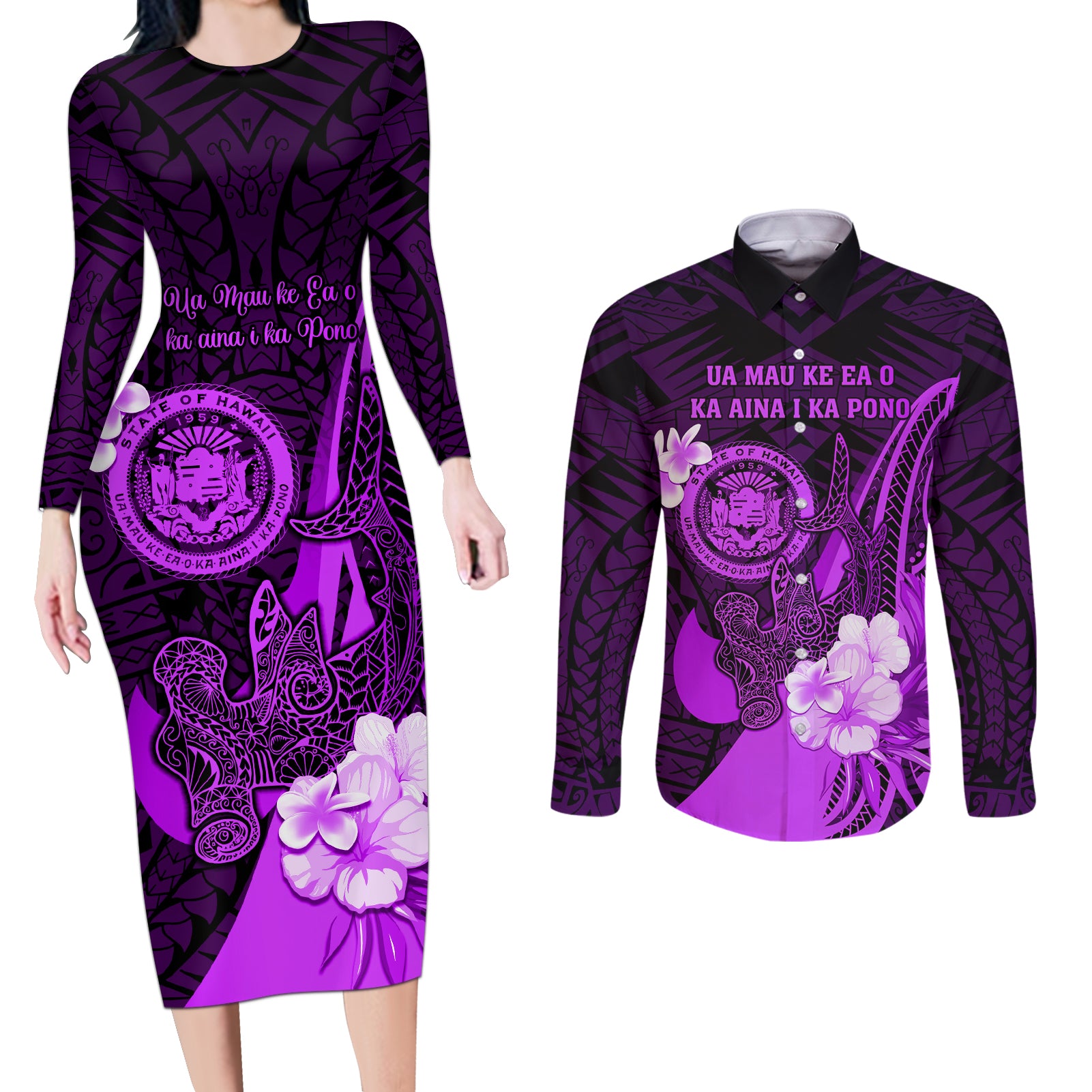 Personalised Hawaii State Motto Couples Matching Long Sleeve Bodycon Dress and Long Sleeve Button Shirt Hawaiian Tribal Purple Hammerhead Shark LT05 Purple - Polynesian Pride