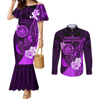 Personalised Hawaii State Motto Couples Matching Mermaid Dress and Long Sleeve Button Shirt Hawaiian Tribal Purple Hammerhead Shark LT05 Purple - Polynesian Pride