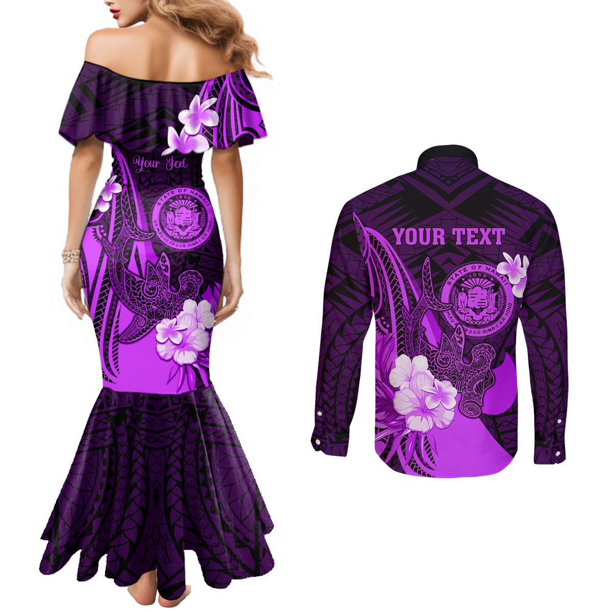 Personalised Hawaii State Motto Couples Matching Mermaid Dress and Long Sleeve Button Shirt Hawaiian Tribal Purple Hammerhead Shark LT05 - Polynesian Pride