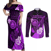 Personalised Hawaii State Motto Couples Matching Off Shoulder Maxi Dress and Long Sleeve Button Shirt Hawaiian Tribal Purple Hammerhead Shark LT05 Purple - Polynesian Pride