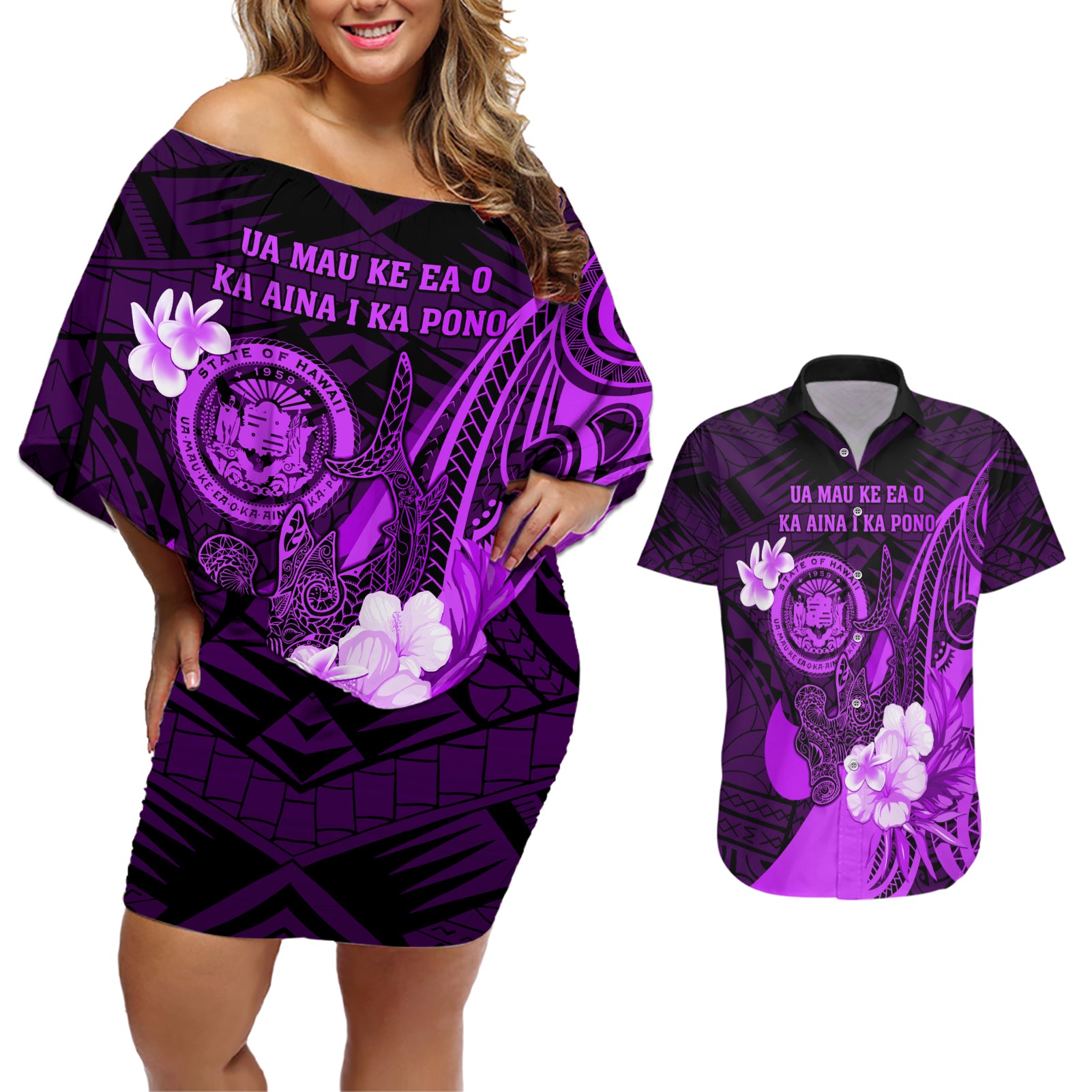Personalised Hawaii State Motto Couples Matching Off Shoulder Short Dress and Hawaiian Shirt Hawaiian Tribal Purple Hammerhead Shark LT05 Purple - Polynesian Pride