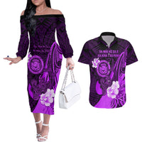 Personalised Hawaii State Motto Couples Matching Off The Shoulder Long Sleeve Dress and Hawaiian Shirt Hawaiian Tribal Purple Hammerhead Shark LT05 Purple - Polynesian Pride