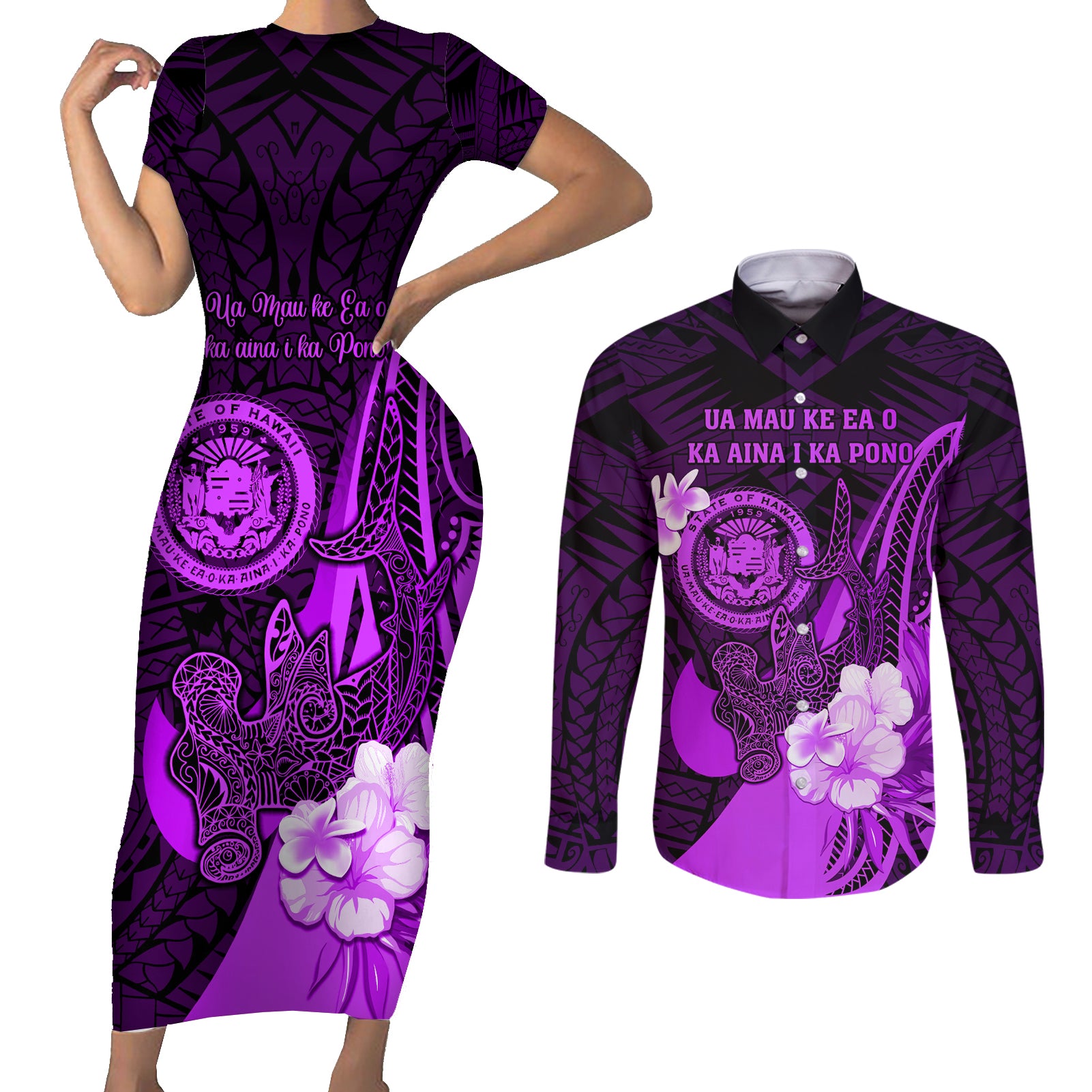 Personalised Hawaii State Motto Couples Matching Short Sleeve Bodycon Dress and Long Sleeve Button Shirt Hawaiian Tribal Purple Hammerhead Shark LT05 Purple - Polynesian Pride
