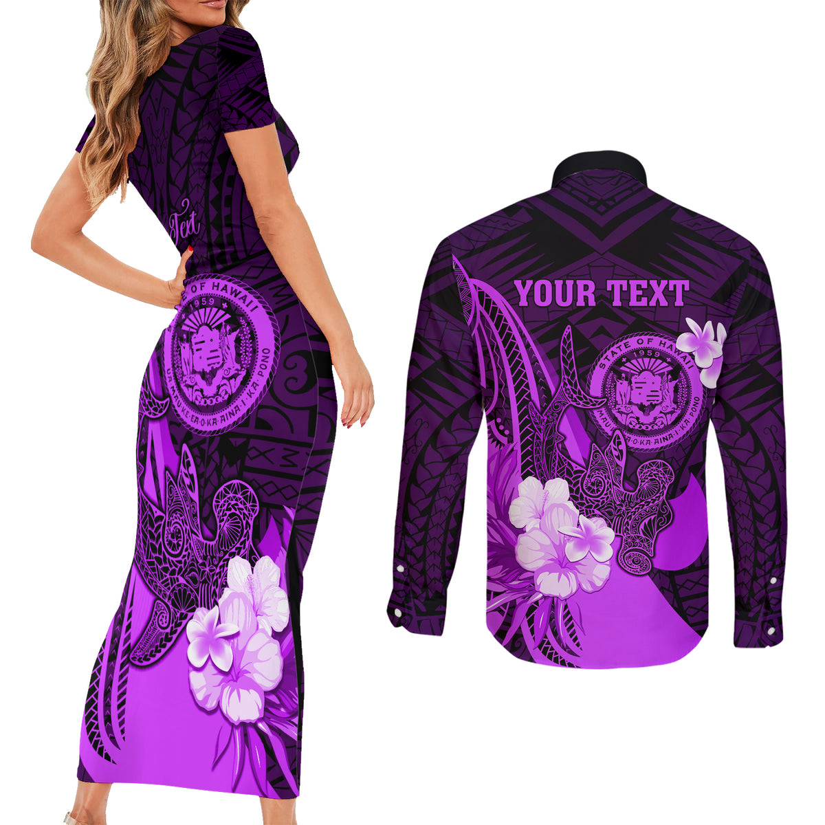 Personalised Hawaii State Motto Couples Matching Short Sleeve Bodycon Dress and Long Sleeve Button Shirt Hawaiian Tribal Purple Hammerhead Shark LT05 - Polynesian Pride