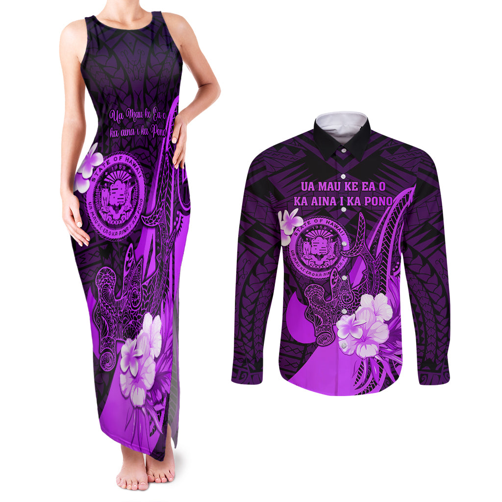 Personalised Hawaii State Motto Couples Matching Tank Maxi Dress and Long Sleeve Button Shirt Hawaiian Tribal Purple Hammerhead Shark LT05 Purple - Polynesian Pride
