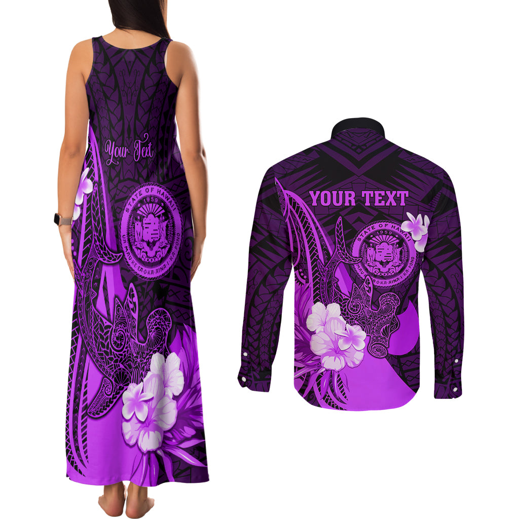 Personalised Hawaii State Motto Couples Matching Tank Maxi Dress and Long Sleeve Button Shirt Hawaiian Tribal Purple Hammerhead Shark LT05 - Polynesian Pride