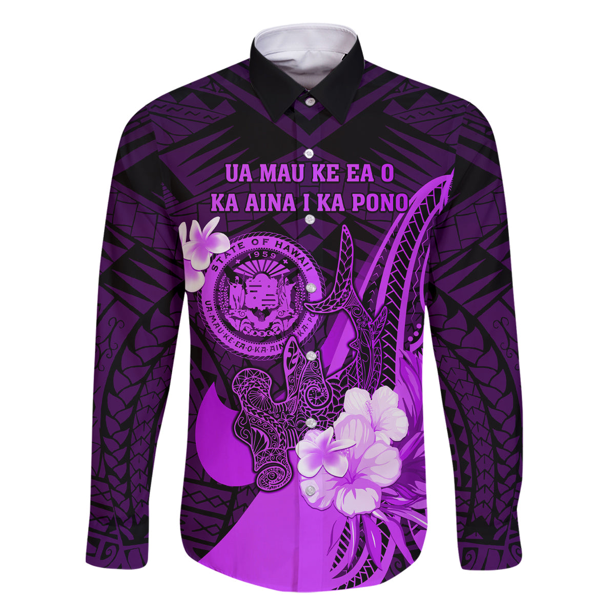 Personalised Hawaii State Motto Family Matching Summer Maxi Dress and Hawaiian Shirt Hawaiian Tribal Purple Hammerhead Shark LT05 Dad's Shirt - Long Sleeve Purple - Polynesian Pride