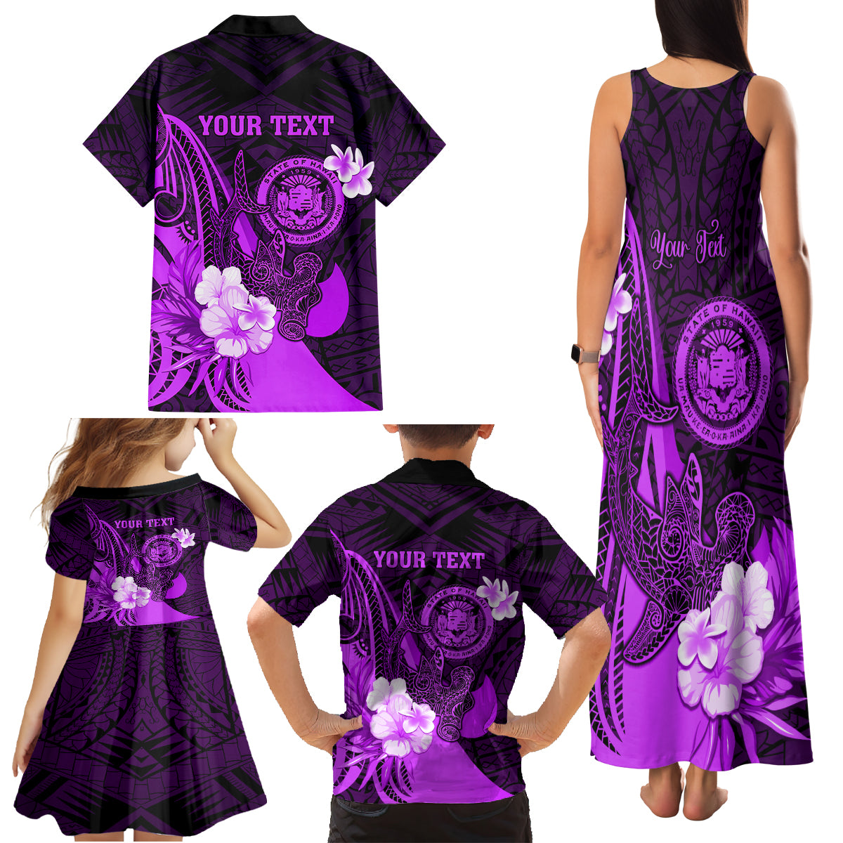 Personalised Hawaii State Motto Family Matching Tank Maxi Dress and Hawaiian Shirt Hawaiian Tribal Purple Hammerhead Shark LT05 - Polynesian Pride