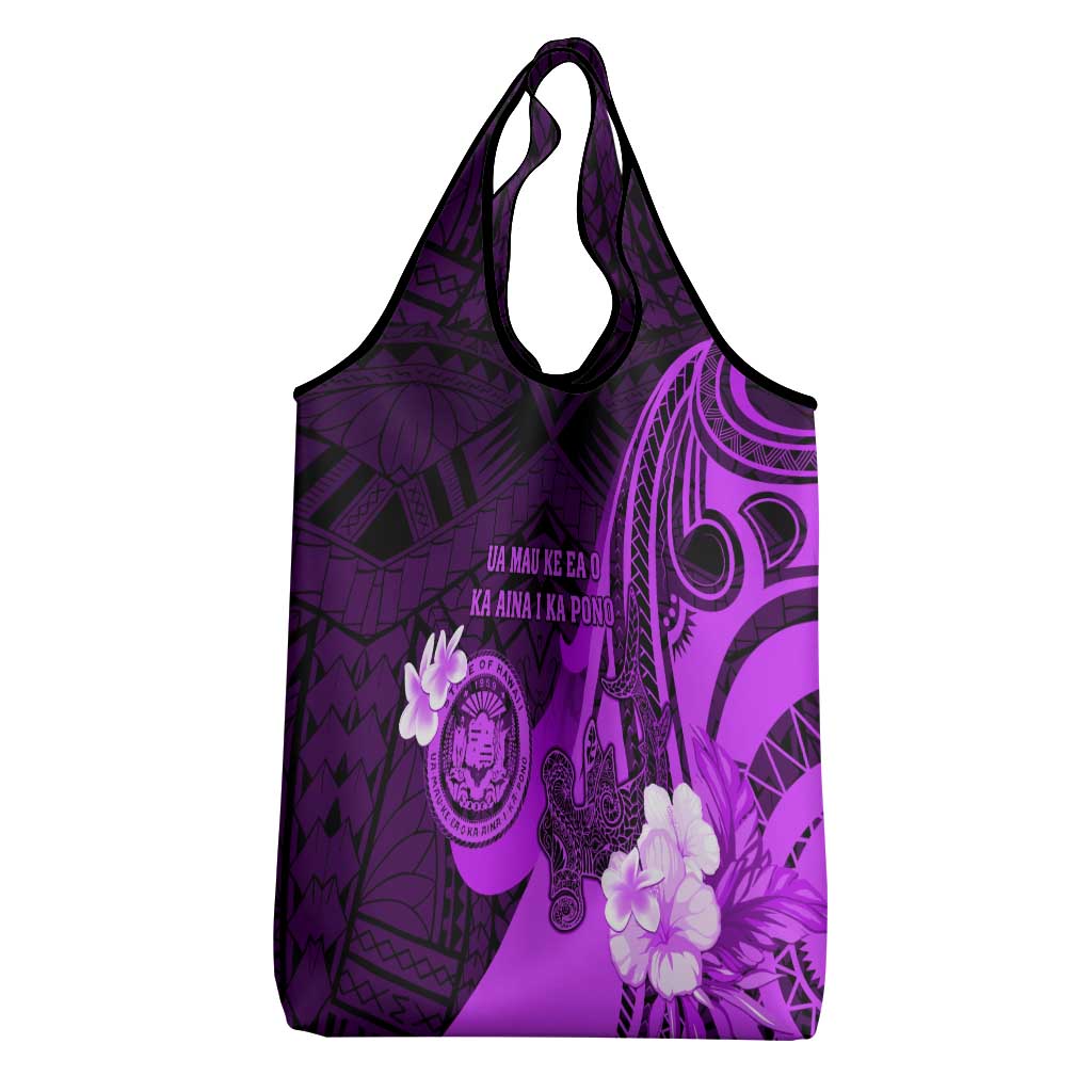 Hawaii State Motto Grocery Bag Hawaiian Tribal Purple Hammerhead Shark