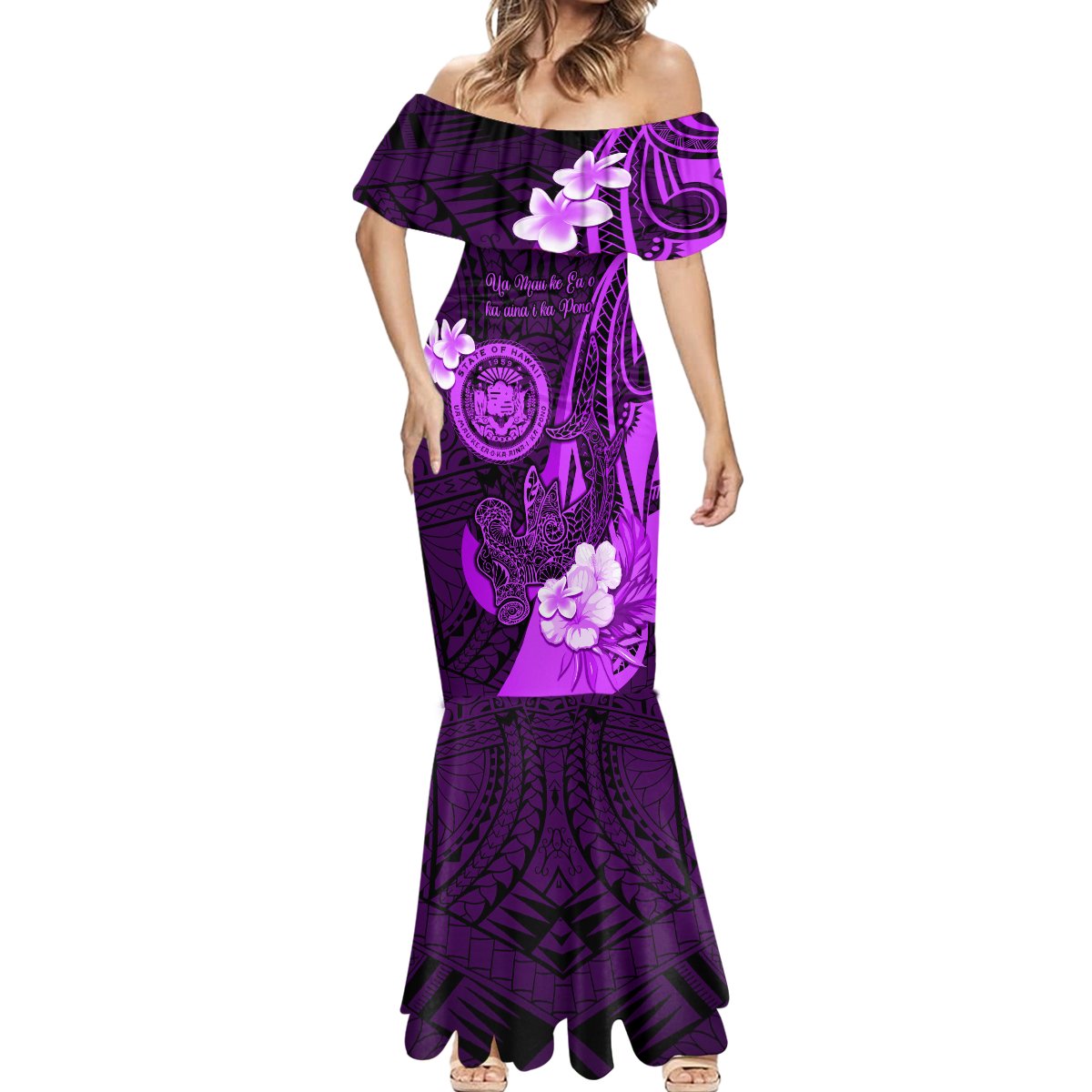 Personalised Hawaii State Motto Mermaid Dress Hawaiian Tribal Purple Hammerhead Shark LT05 - Polynesian Pride
