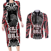 Aotearoa Waitangi Day Couples Matching Long Sleeve Bodycon Dress and Long Sleeve Button Shirt Maori Warrior Tribal Tattoo LT05 Black - Polynesian Pride