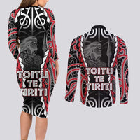 Aotearoa Waitangi Day Couples Matching Long Sleeve Bodycon Dress and Long Sleeve Button Shirt Maori Warrior Tribal Tattoo LT05 - Polynesian Pride