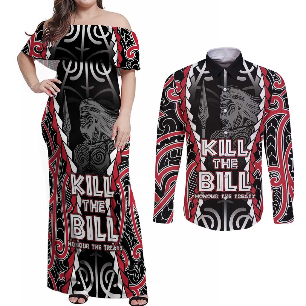 Aotearoa Waitangi Day Couples Matching Off Shoulder Maxi Dress and Long Sleeve Button Shirt Maori Warrior Tribal Tattoo LT05 Black - Polynesian Pride