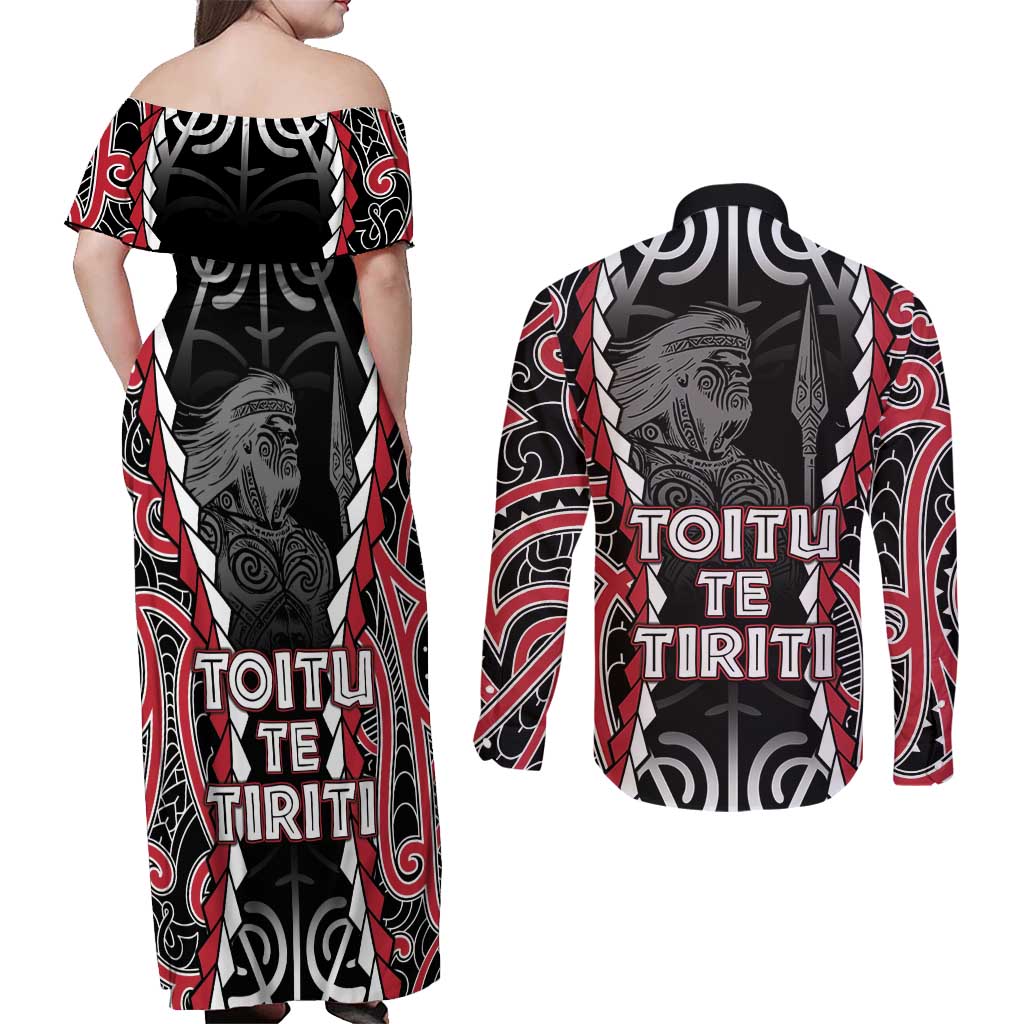 Aotearoa Waitangi Day Couples Matching Off Shoulder Maxi Dress and Long Sleeve Button Shirt Maori Warrior Tribal Tattoo LT05 - Polynesian Pride