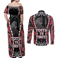 Aotearoa Waitangi Day Couples Matching Off Shoulder Maxi Dress and Long Sleeve Button Shirt Maori Warrior Tribal Tattoo LT05 - Polynesian Pride