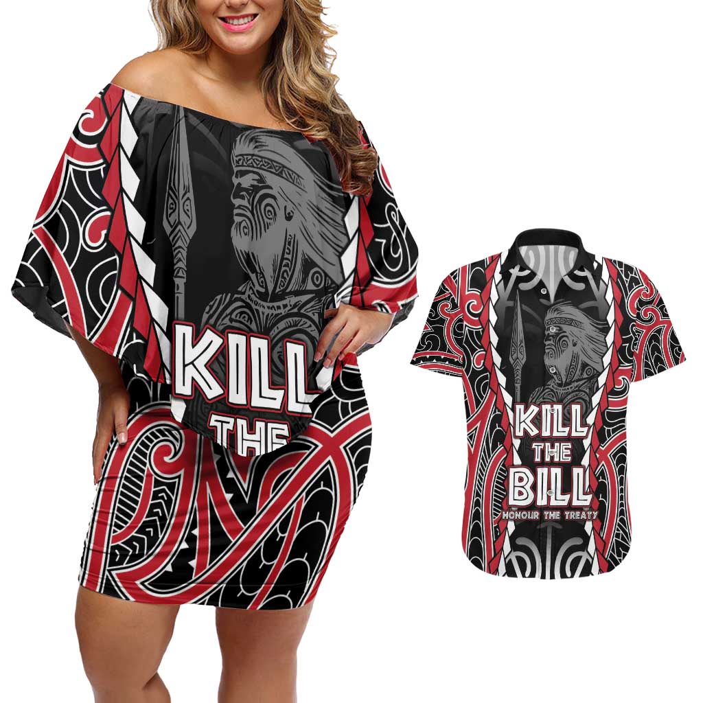 Aotearoa Waitangi Day Couples Matching Off Shoulder Short Dress and Hawaiian Shirt Maori Warrior Tribal Tattoo LT05 Black - Polynesian Pride