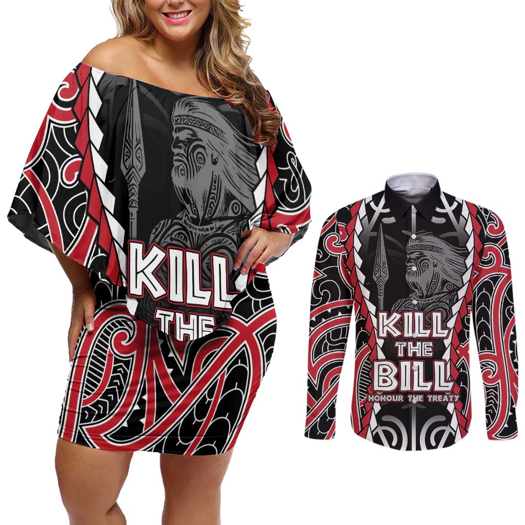 Aotearoa Waitangi Day Couples Matching Off Shoulder Short Dress and Long Sleeve Button Shirt Maori Warrior Tribal Tattoo LT05 Black - Polynesian Pride