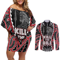 Aotearoa Waitangi Day Couples Matching Off Shoulder Short Dress and Long Sleeve Button Shirt Maori Warrior Tribal Tattoo LT05 Black - Polynesian Pride