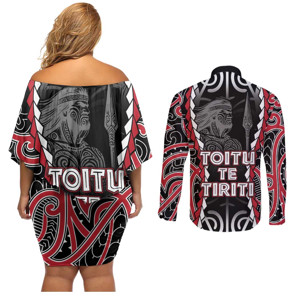 Aotearoa Waitangi Day Couples Matching Off Shoulder Short Dress and Long Sleeve Button Shirt Maori Warrior Tribal Tattoo LT05 - Polynesian Pride