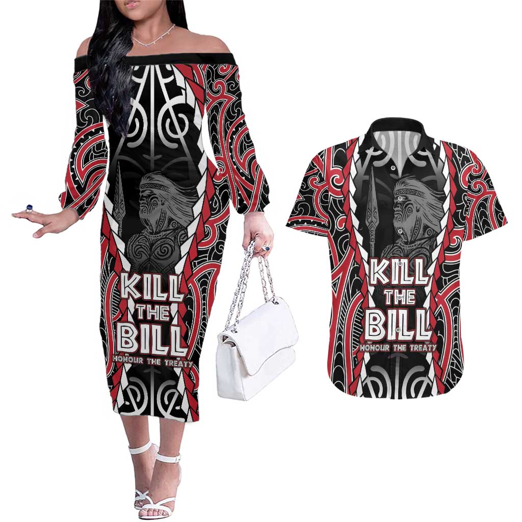 Aotearoa Waitangi Day Couples Matching Off The Shoulder Long Sleeve Dress and Hawaiian Shirt Maori Warrior Tribal Tattoo LT05 Black - Polynesian Pride